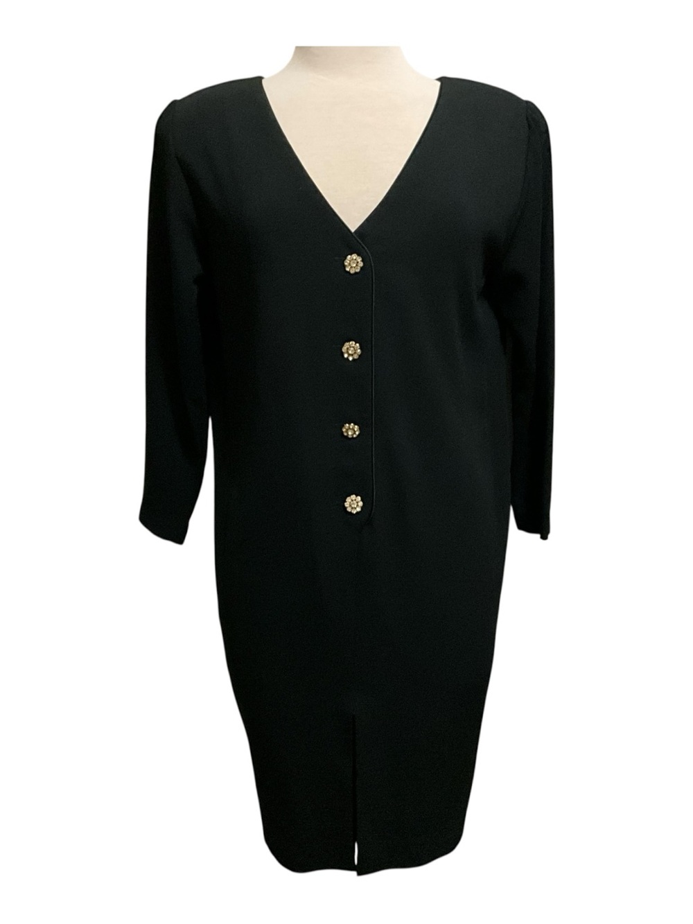 Vintage Rimini Lined Black Dress Size 8 Gold Floral Buttons 80s 90s